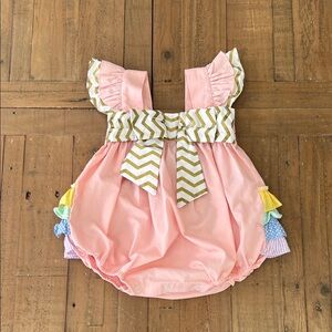 Natalie grant pink Chevron bow ruffled bubble romper 12 months rainbow